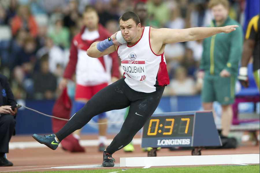Zane Duquemin, pictured during the Glasgow 2014 Commonwealth Games, may not compete in the Island Games discus this summer - an event in which he holds the Games record