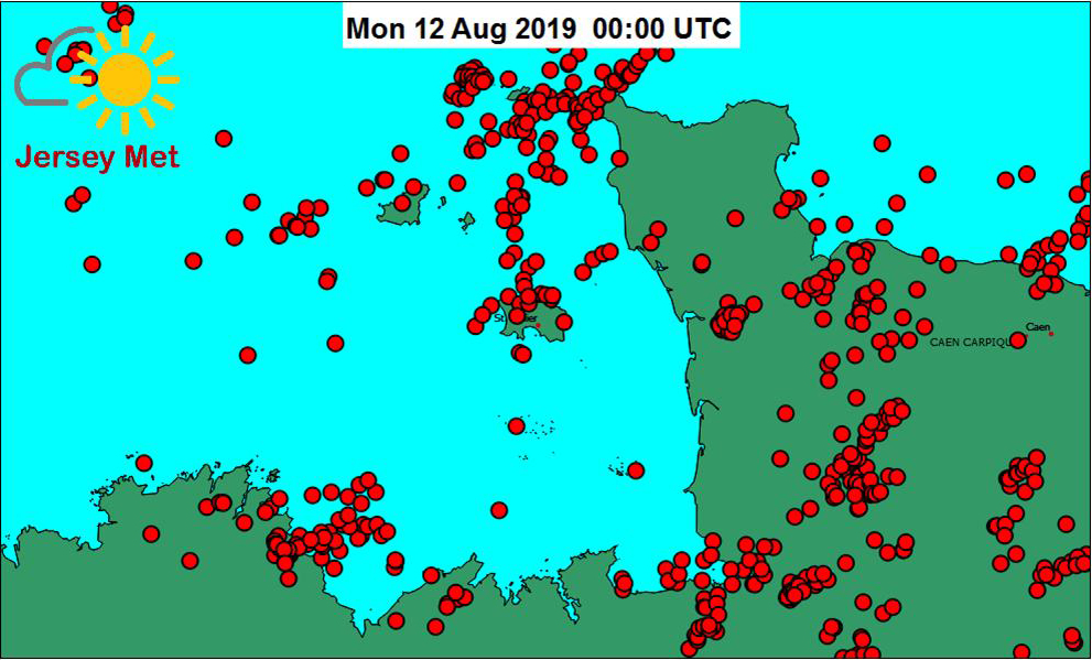 A map showing lightning across the Channel Islands on Sunday night