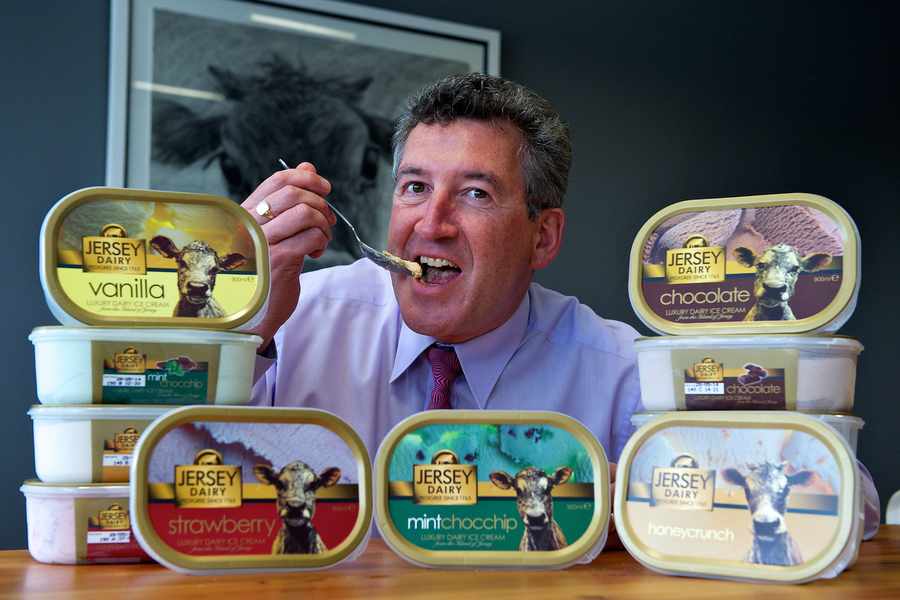 Jersey Dairy managing director Eamon Fenlon with a selection of the ice cream range that is due to be exported to China