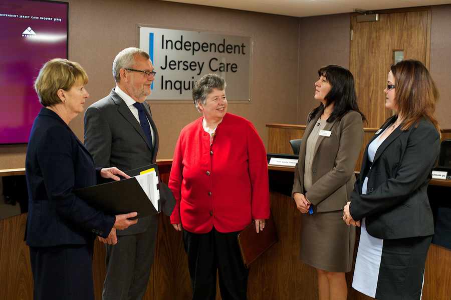 Independent Jersey Care Inquiry panel members Frances Oldham QC, Professor Sandy Cameron and Alyson Leslie, with Tina Wing (office manager) and Stacey Knifton (inquiry PA)