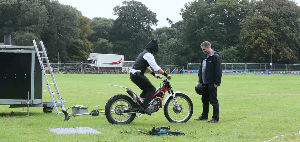 Dangerous Steve performed some daring stunts at the North Show, including juggling with fire and a chainsaw and riding a motorcycle blind folded