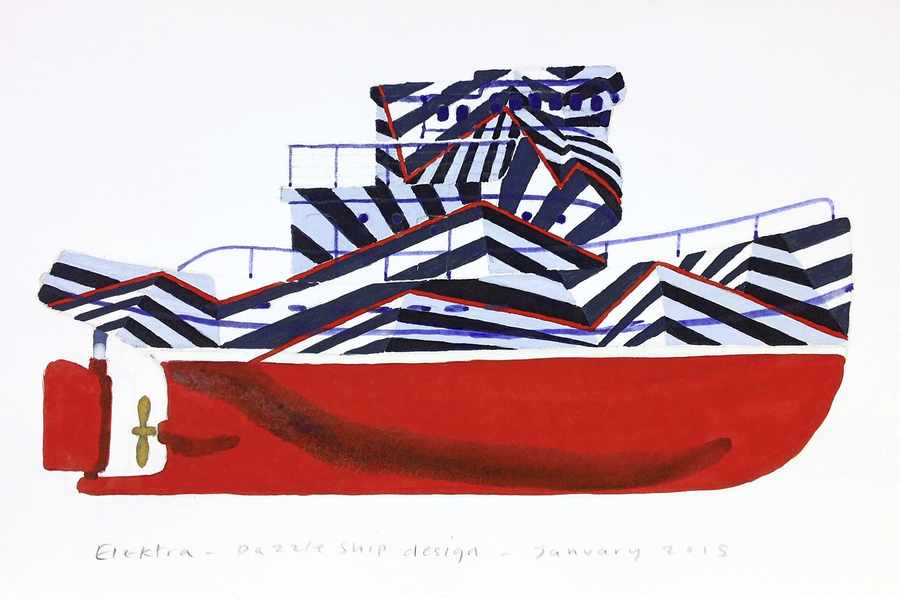 The design was created specifically for Elektra by local artist Ian Rolls. The concept is based on distorting form, so that the tugboat appears crumpled with strong linear elements creating an optical illusion of light and dark which gives the appearance of false planes. A single red line descends from the funnel and wraps around the vessel before dipping below the waterline to merge with the solid red of the hull. This is symbolic of sinking ships but also the rising out of the red field of war to a higher place is implied. Either way, the design is a mark of remembrance for all those lost beneath the waves in World War One.