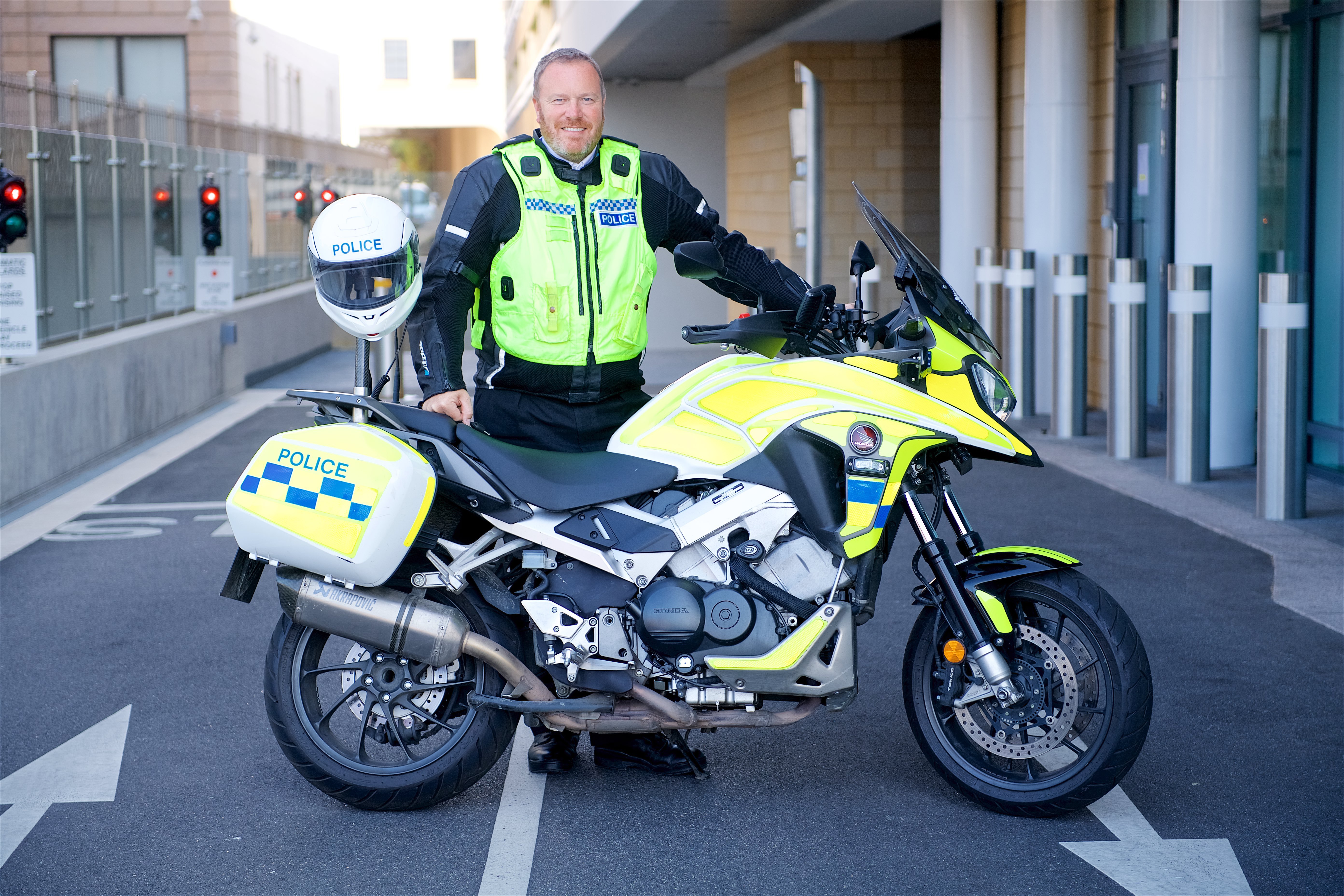 Andy Bisson wearing protective motorbike clothing at Police HQ                                                             Picture: DAVID FERGUSON. (24335997)