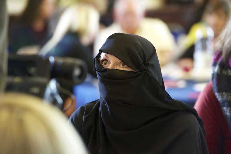 Sandra Bisson wearing a niqab at the Town Hall debate about refugees, which she wore because she had planned to make a speech about the lack of women's rights in some Muslim communities