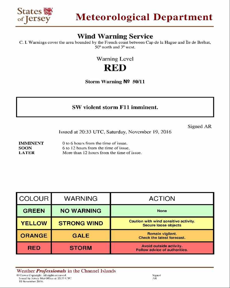 Jersey Met issued a red storm warning overnight. It was later downgraded to a yellow alert.