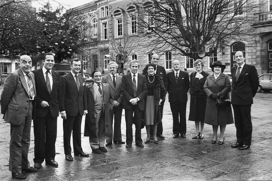 John Farley with fellow Deputies after being sworn in by the States in 1981. (left to right) John Farley, Mike Wavell, John Le Fondre, Dick Buesnel, Graham Thorne, John Rothwell, Anne Baal, Ron Blampied, Bertram Le Maistre, Corrie Stein, Margaret Beadle and Robin Rumboll