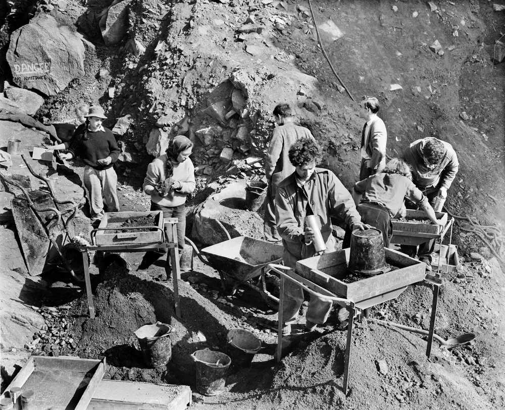 Students from Cambridge University on an archaeological dig at La Cotte in April 1961