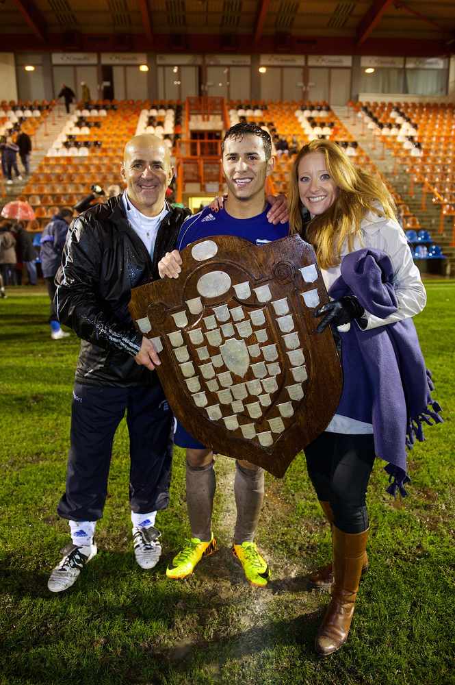 Kerry Petulla with husband Simon (left) and stepson Charlie Petulla, the duo who led Jersey Women's FC to victory during the Island Games