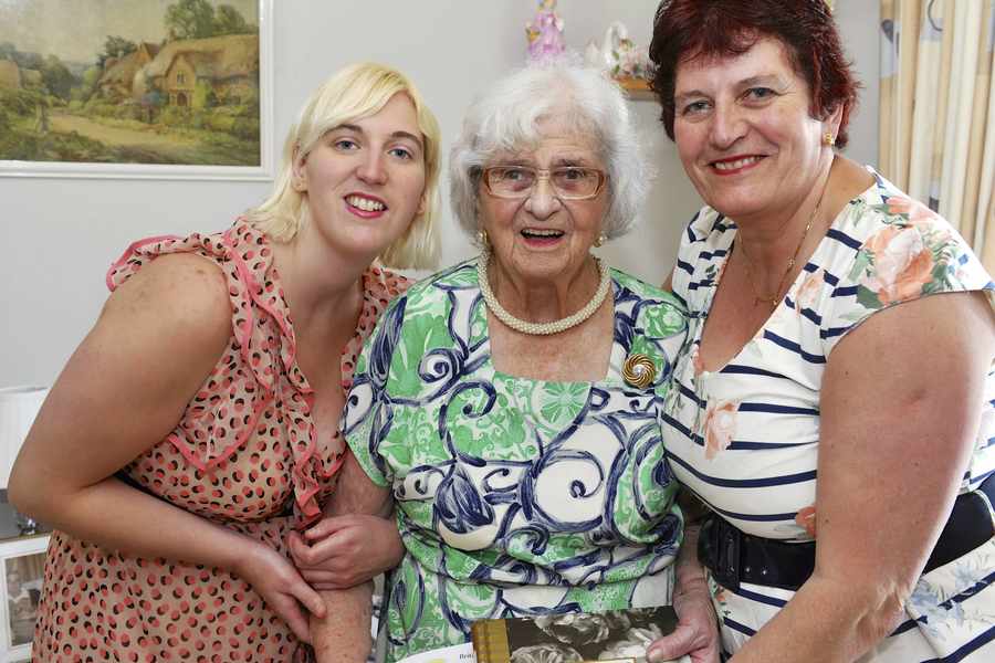 Donna Le Bailly (55) with her daughter Debbie Le Bailly (24) and Donna's aunt and Godmother, Marjorie d'Allain (95) at Maison St Brelade