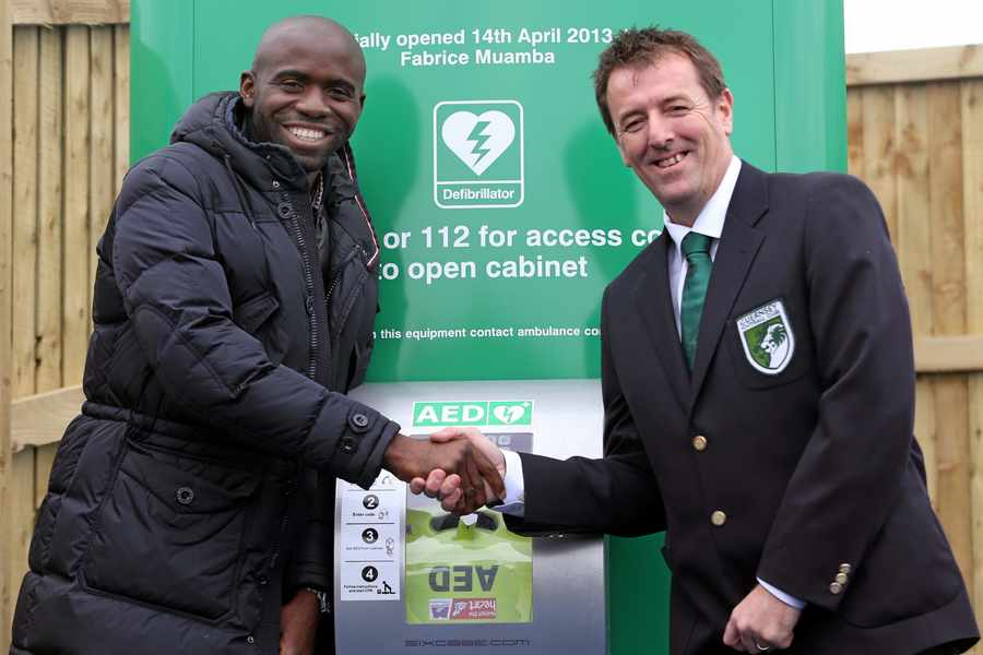 Premier league footballer Fabrice Muamba, who famously suffered a heart attack during a match, was in Guernsey last year when they unveiled the first of 12 AED Emergency Defibrillators. He is pictured here with former professional footballer Matt Le Tissier