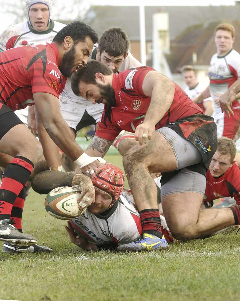 Samisoni Fisilau, left, and Nacho Lancuba were unable to prevent Rhys Oakley from scoring Plymouth's second try