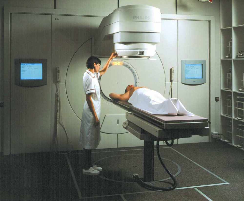 A cancer patient receiving radiotherapy.