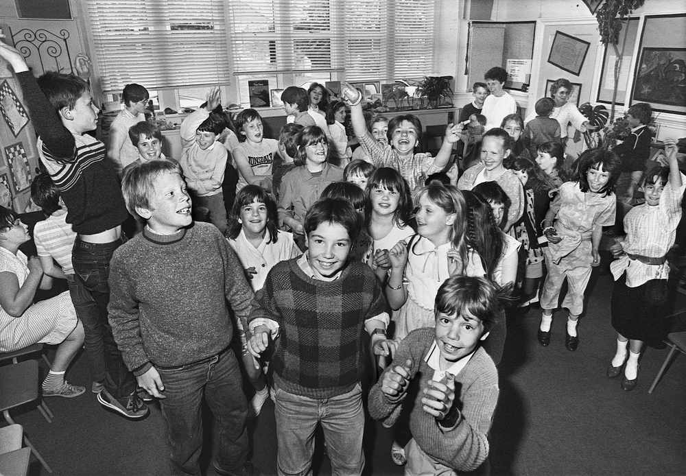 Jersey has a longstanding association with France: Pupils from St Mary's School enjoy a discotheque with children from Longue-sur-Mer, their twin parish from France, in 1986