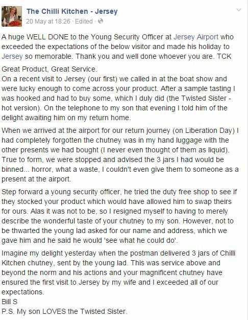 The visitor's letter, published on The Chilli Kitchen Facebook page