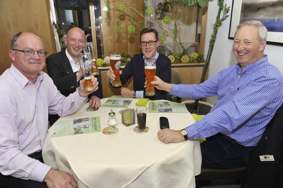 St Helier Constable Simon Crowcroft, Bergermiester Roland Burckle, Chief Minister Ian Gorst and the Bailiff, William Bailhache, enjoying a beer