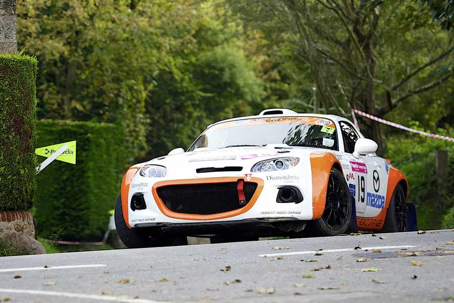 Dale Crowsley and John Vardin in their impressive-looking Mazda MX-5GT on the Grève de Lecq stage