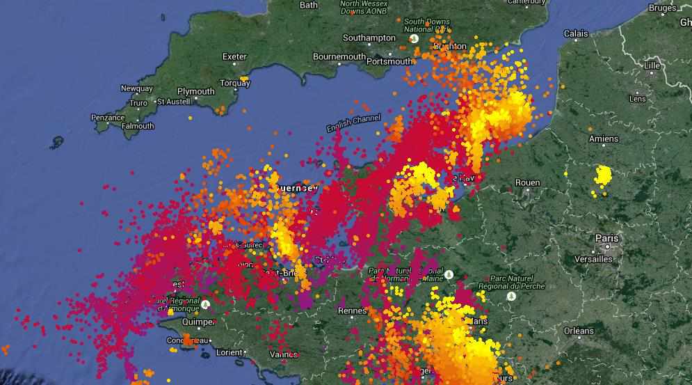 A map showing lightning strikes over the last 24 hours