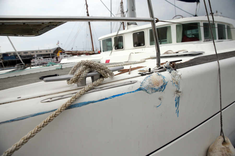 The damaged yacht Picture: PETER FRANKLAND, GUERNSEY PRESS