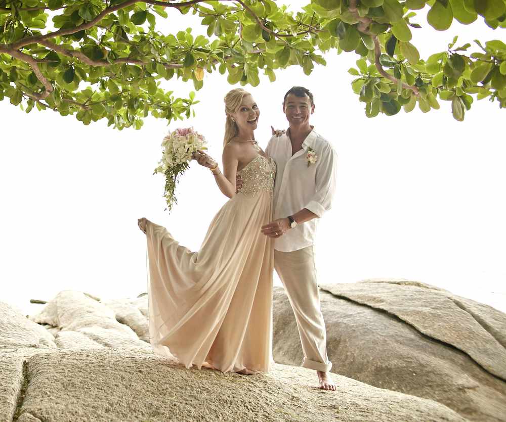 Guy Browning and Gabrielle Robbé have played husband and wife on stage several times and now they are Mr and Mrs for real, having got married on the beach in Thailand – barefoot, of course