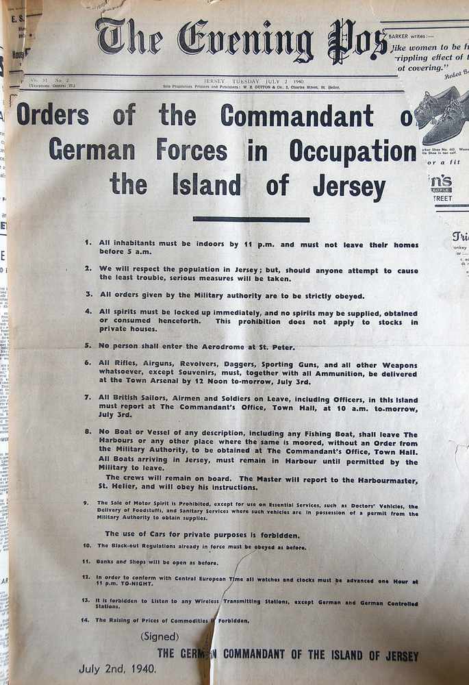The front page of the Evening Post of Tuesday 2 July 1940 was entirely taken up with the orders of the Commandant of German Forces in Occupation of the Island of Jersey