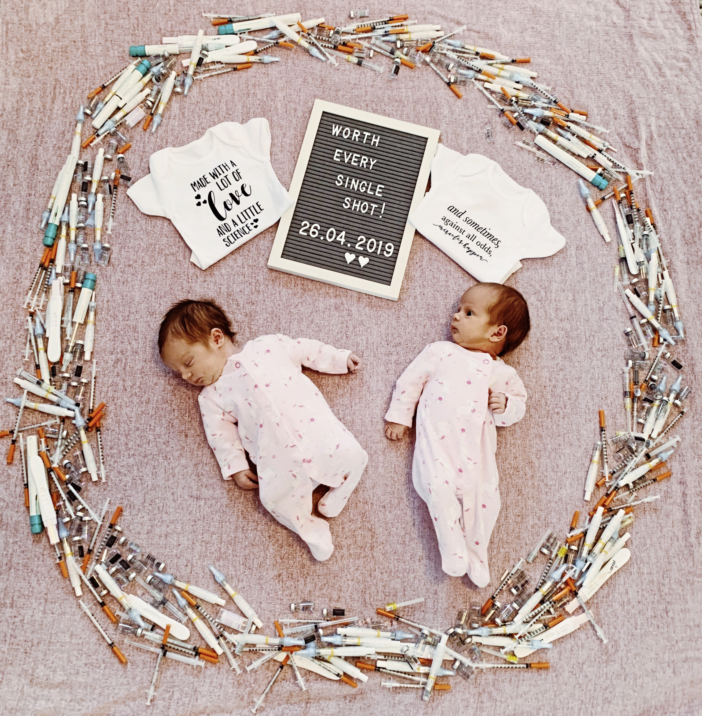 Leah and Kevin Black's twins Hallie-Rae and Harlow, who were born on 26 April following seven years of fertility treatment. Around the twins are years' worth of injections and drugs Leah had to take during her treatment 