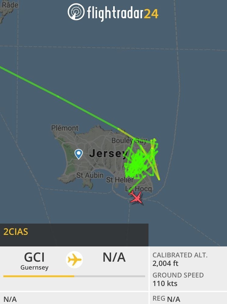 The track of the CIAS search plane which undertook several low passes over Jersey during the early hours of Monday morning. Picture: Flightradar24 (28908125)