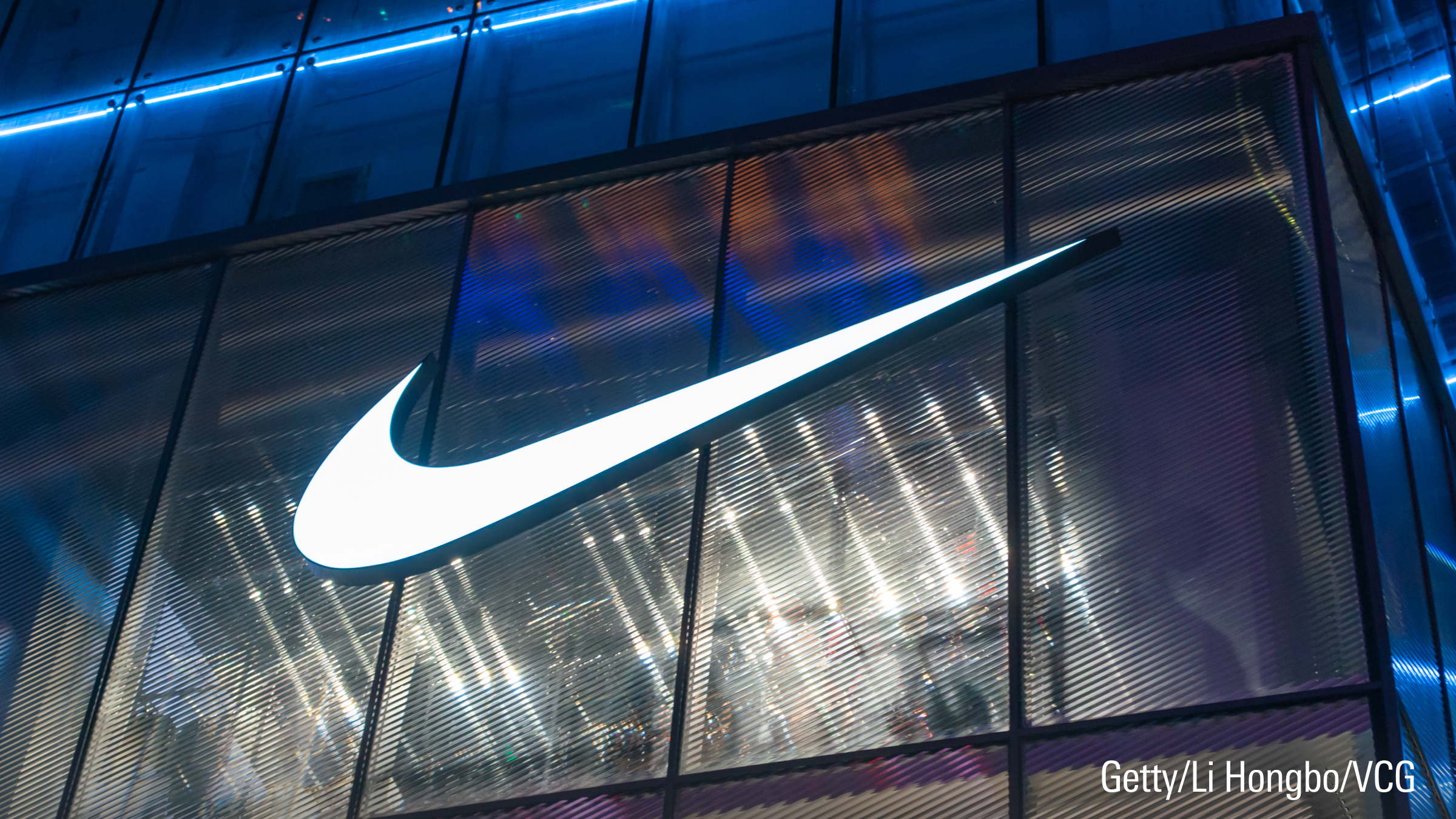 A Nike logo is seen on the facade of a Nike Rise Concept Store.
