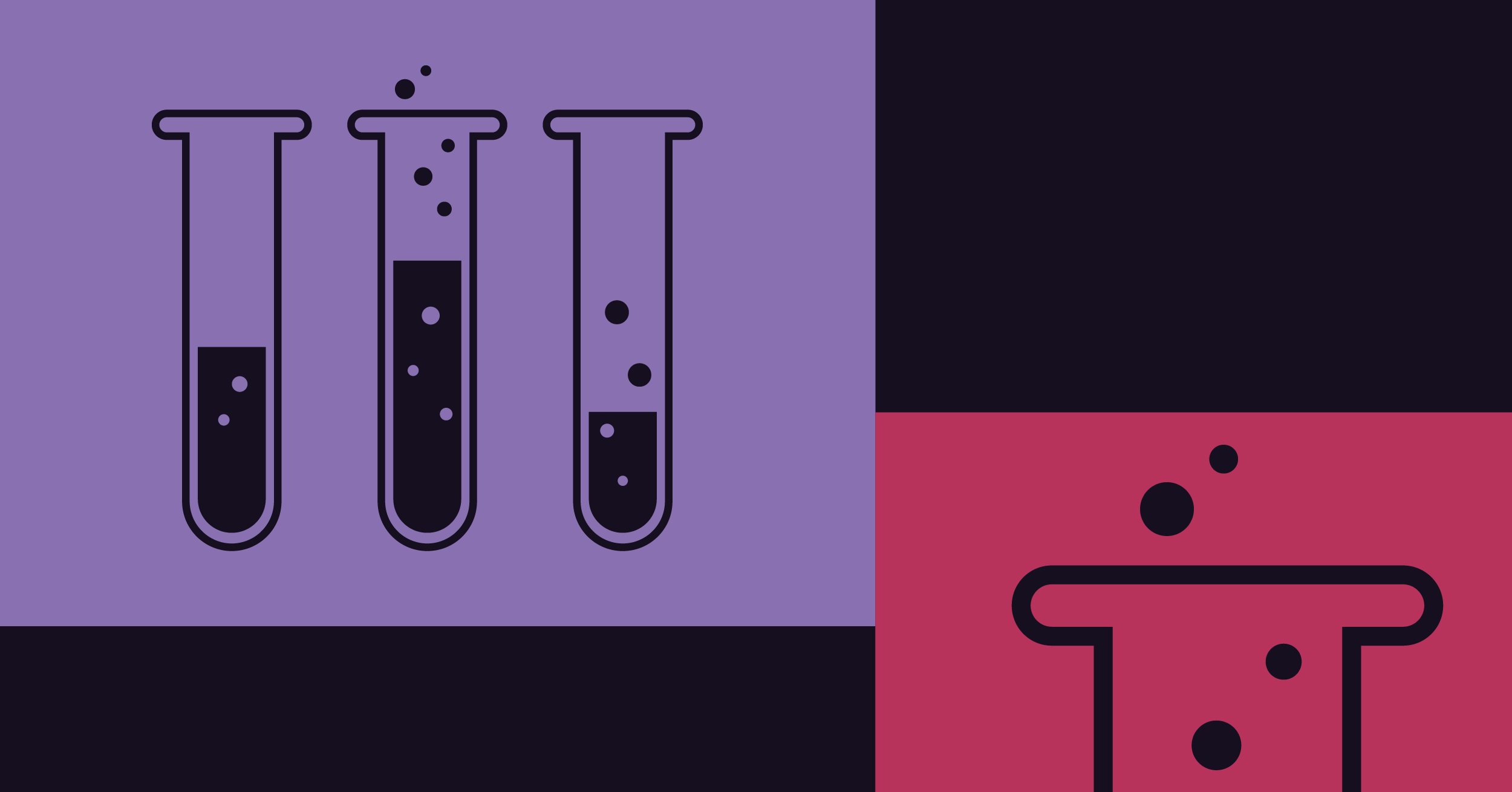 Illustration of three black laboratory sample tubes with bubbling liquid outlined in purple and one large black laboratory sample tube outlined in pink in front of a black background depicting the biotechnology industry
