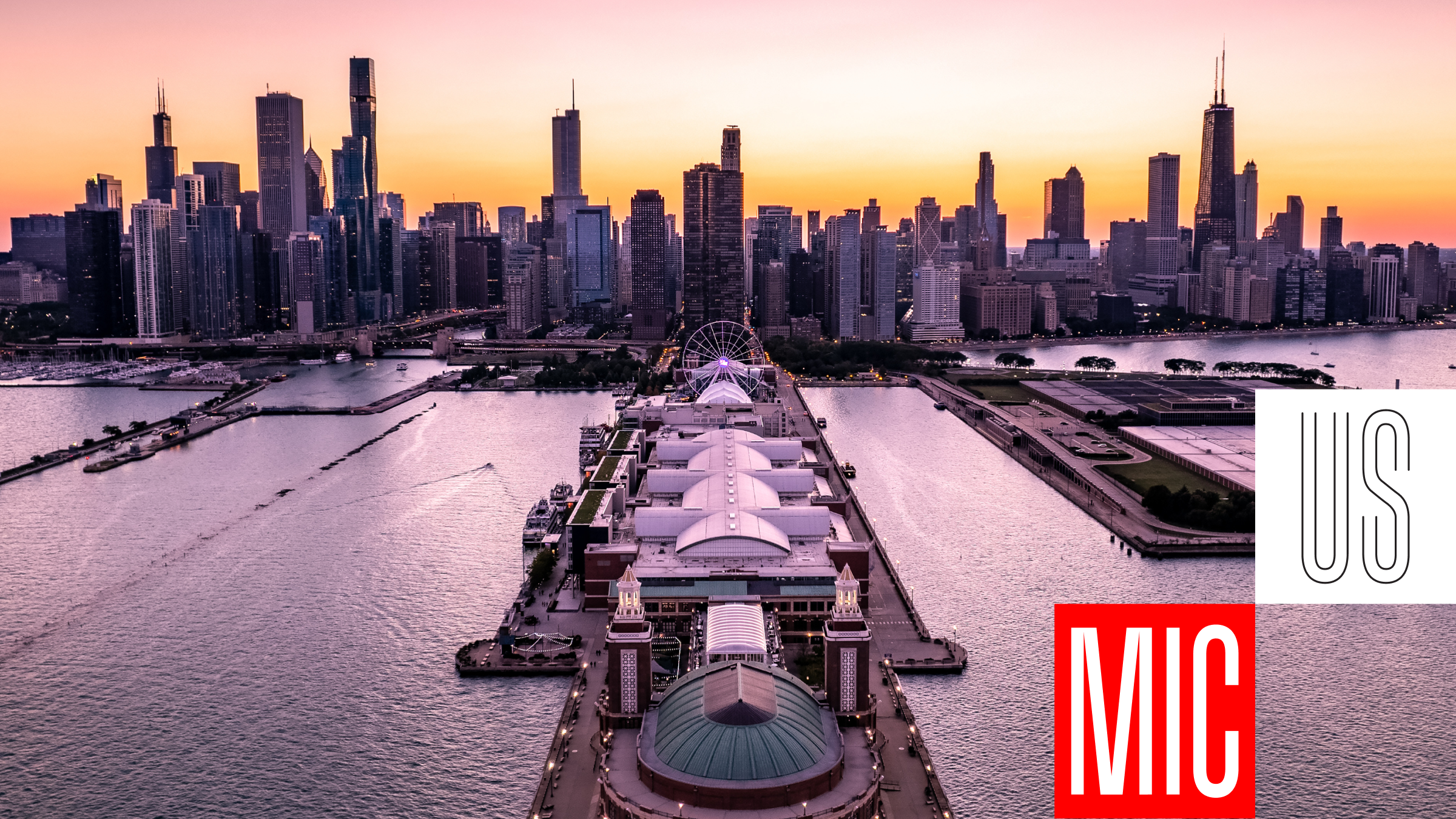 Chicago skyline at sunset with Navy Pier at center; MIC and US logos bottom right.