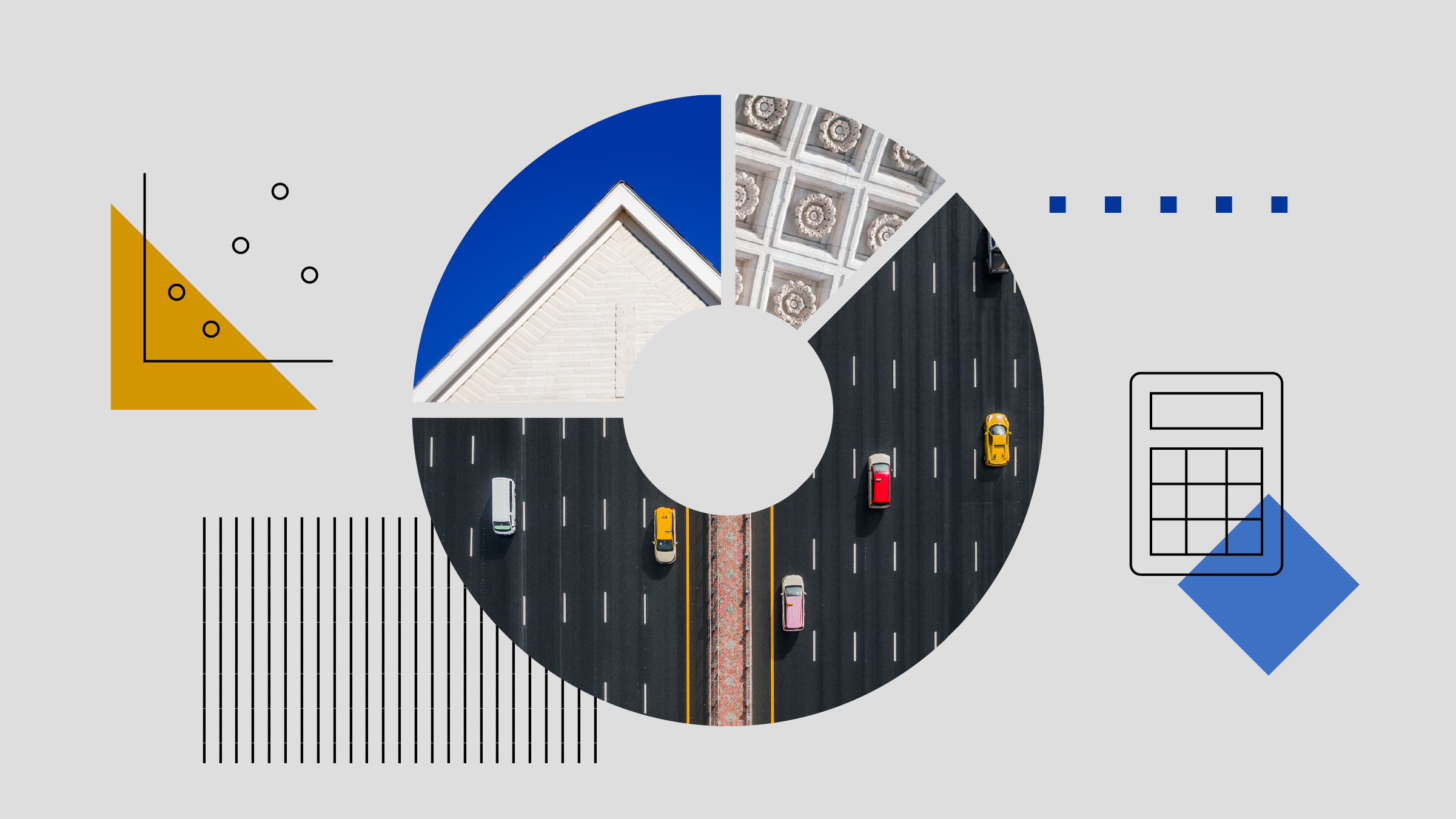 Collage of a donut chart incorporating images of a street, a house, and a government building, set against a backdrop of abstract shapes and icons.