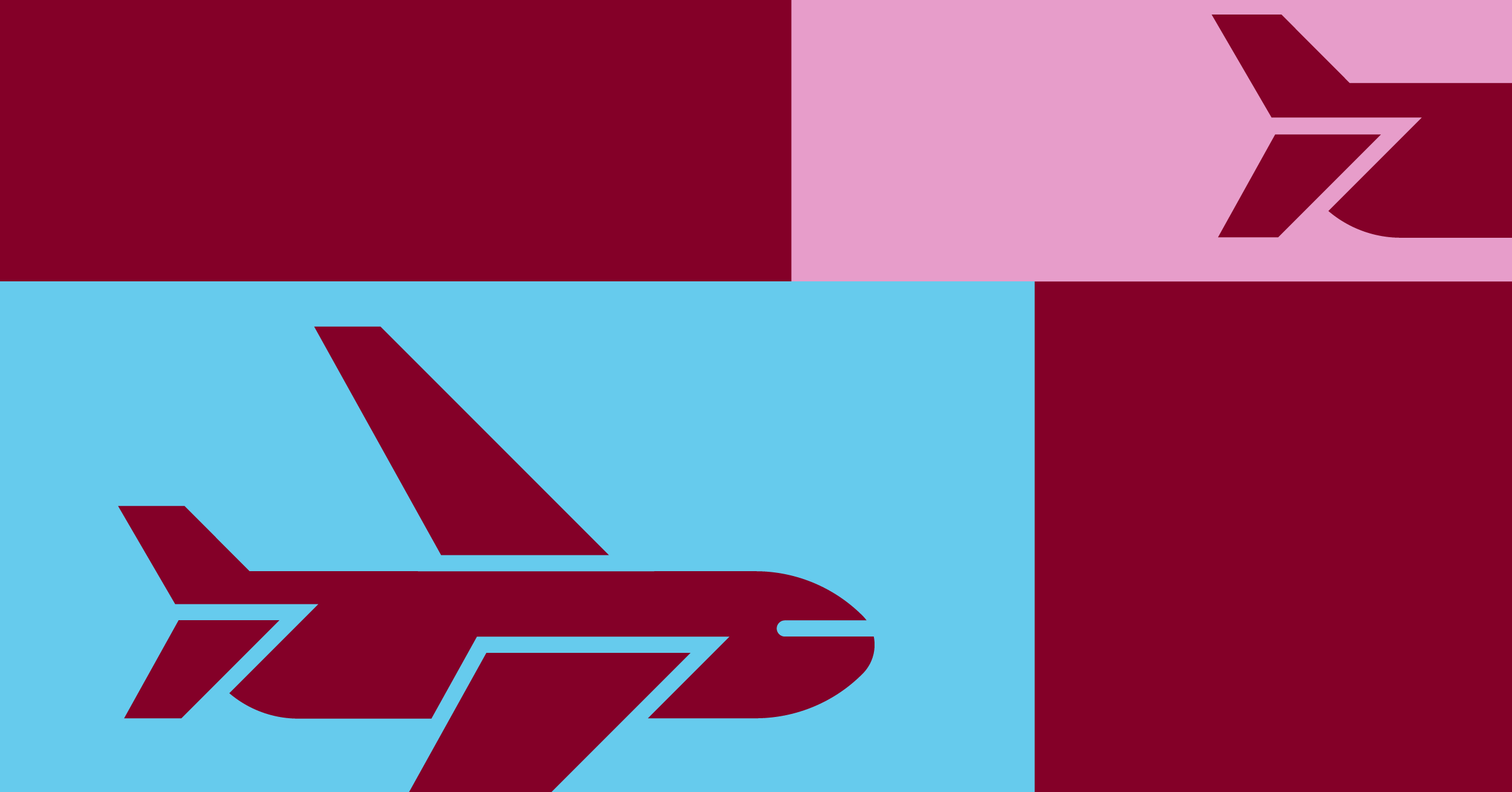 Illustration of an airplane outlined in blue and half of an airplane outline in pink in front of a red background depicting their airline industry.