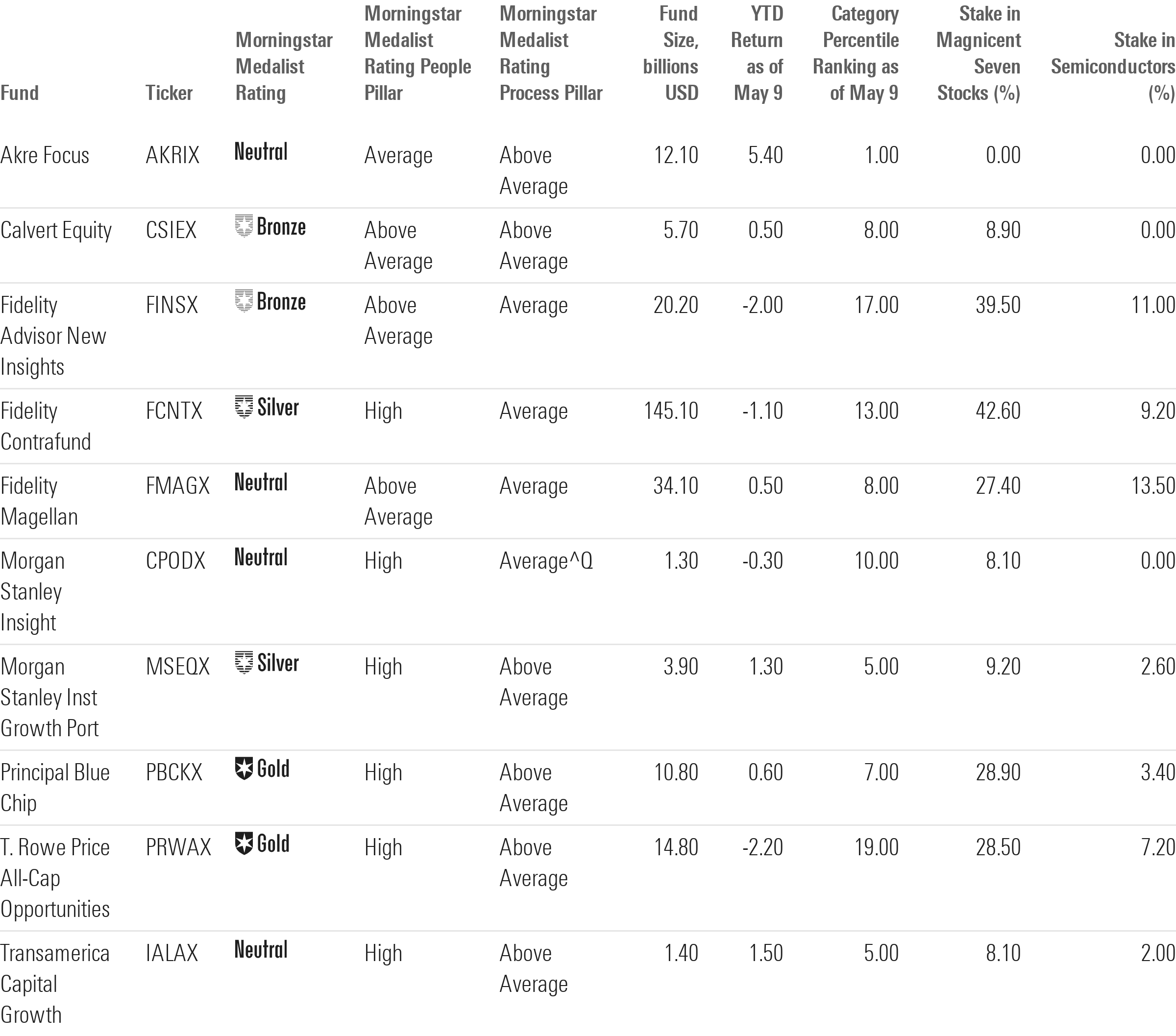 Data table showing top-performing funds in 2025 with little exposure to the Magnificent Seven.