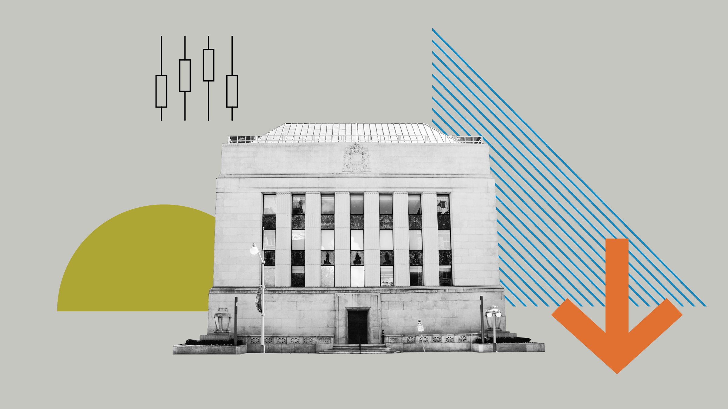 Collage illustration of the Bank of Canada with background shapes and icons