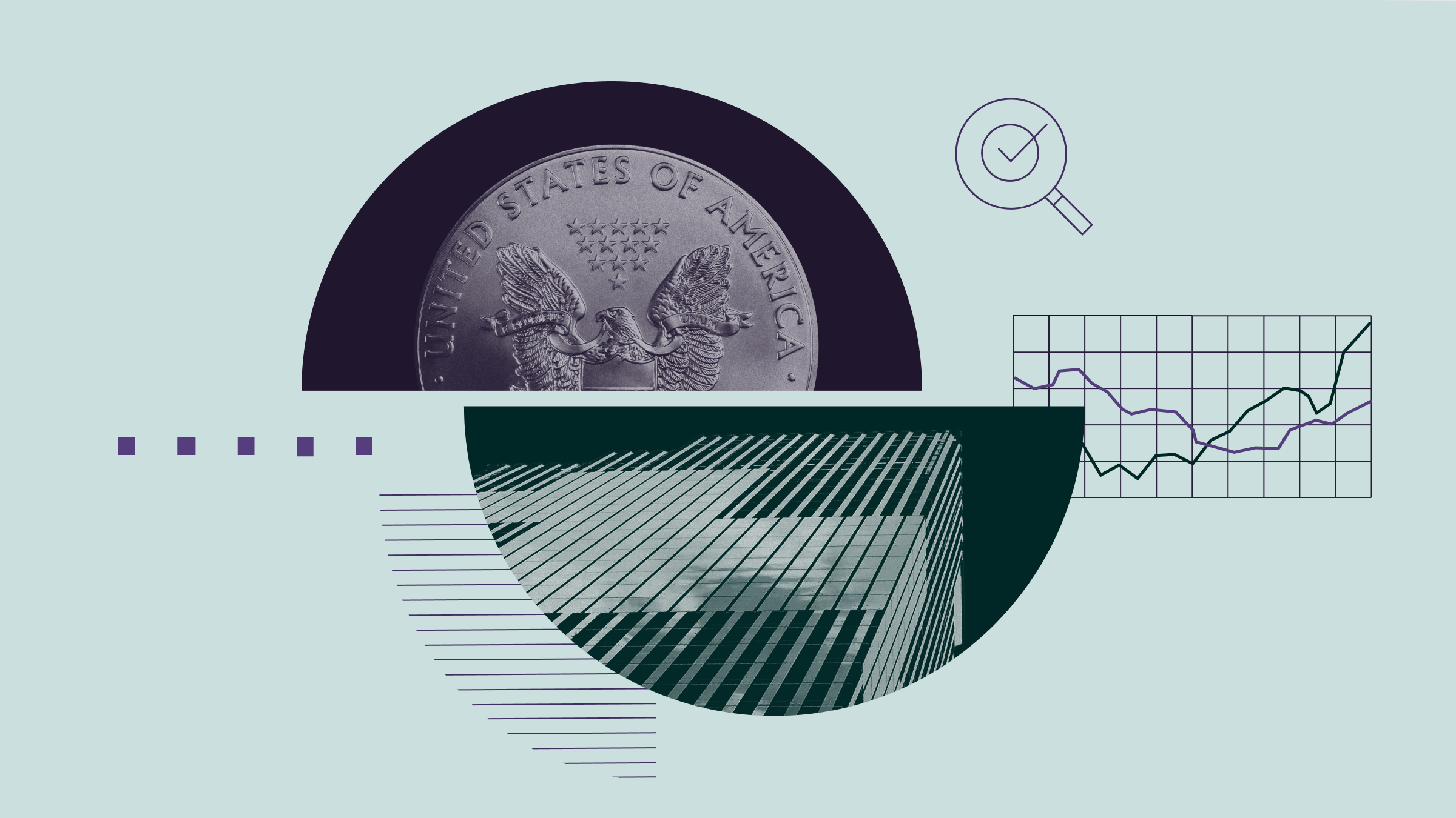 Collage illustration featuring a U.S. dollar coin, a city skyscraper, and abstract graphical elements.