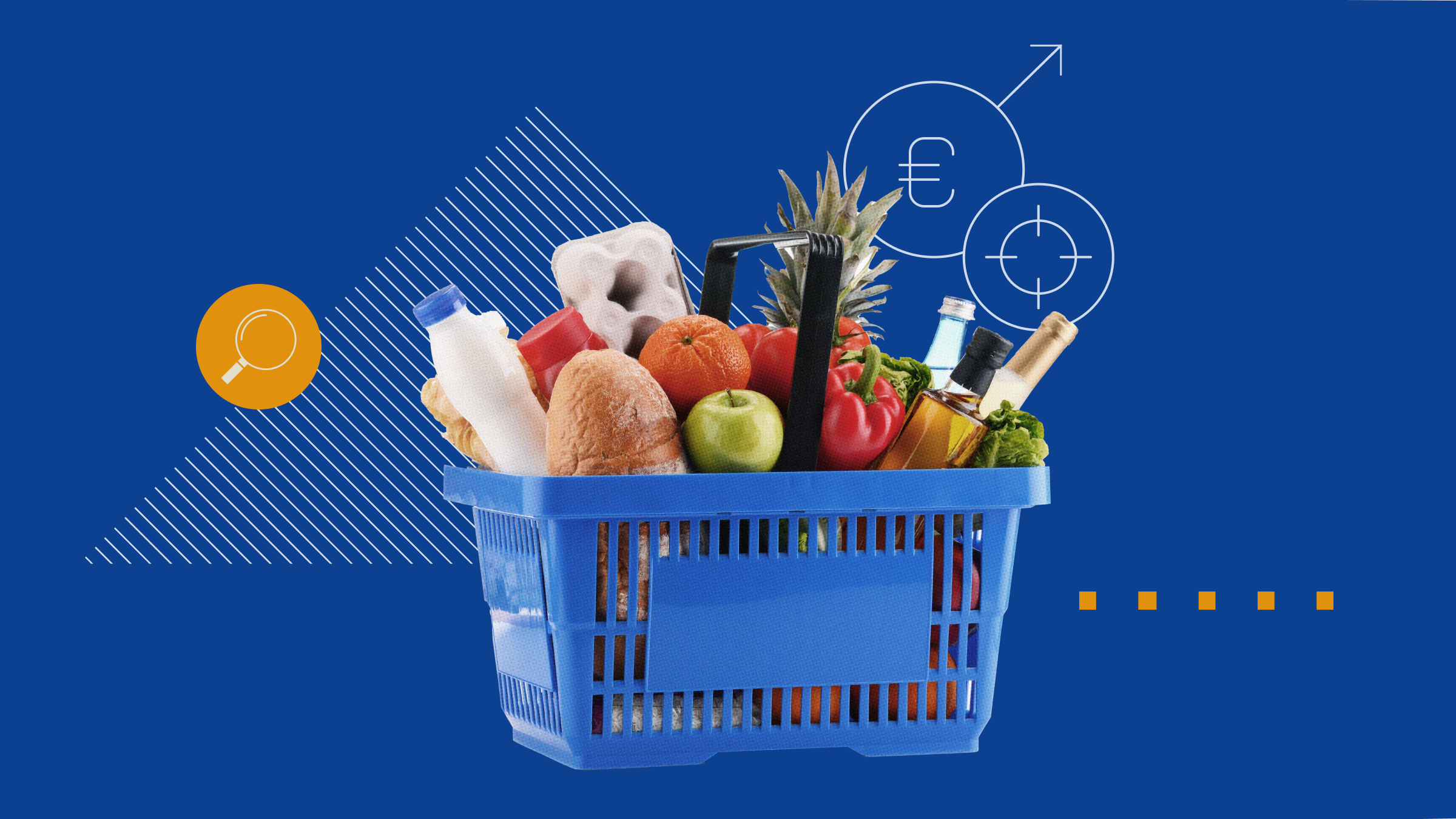 Collage-illustratie van een mand gevuld met boodschappen, met een euro-icoon en een vergrootglas.