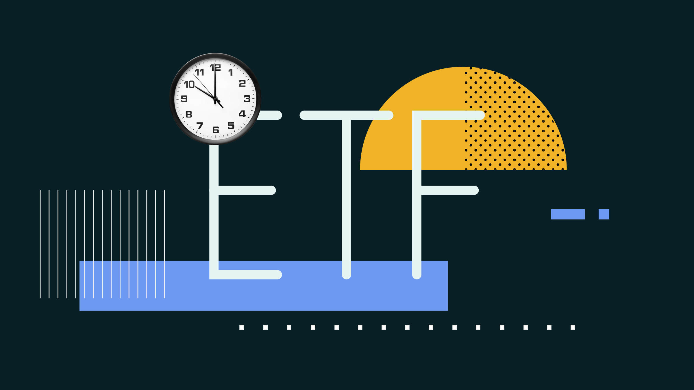 Illustration de collage du mot &quot;ETF&quot; avec une horloge et des formes en arri&egrave;re-plan.