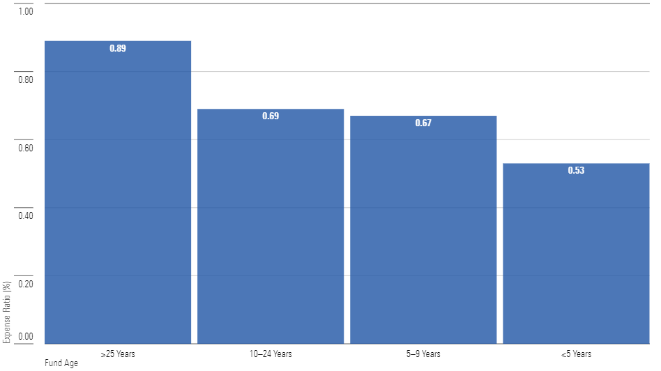 A bar chart showing the average expense ratio for U.S. large-company dividend-stock funds, sorted by the age of the funds.