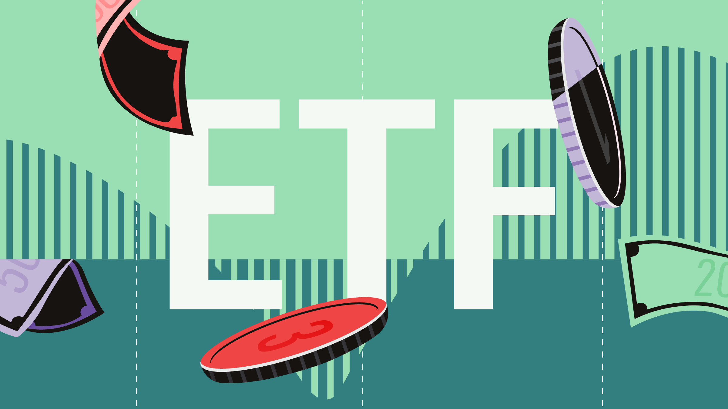 Illustration of generic coins and bills floating over graph with the &apos;ETF&apos; in the center