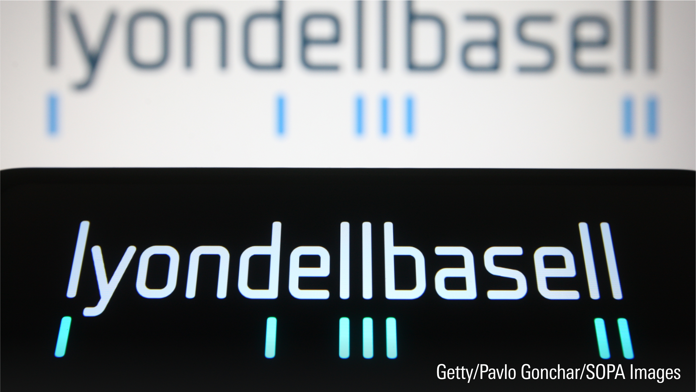 A LyondellBasell logo of a chemicals company seen displayed on a smartphone and a pc screen.