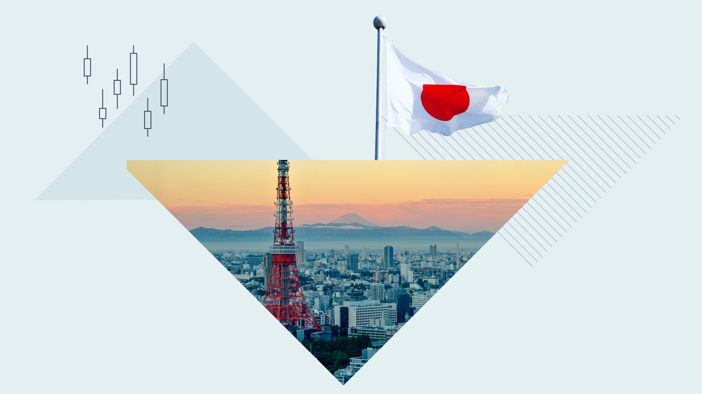 Collageillustration med upp- och nedvända trianglar, inklusive ett foto av Tokyo i en triangel, den japanska flaggan och morrhår från ett aktiekort.