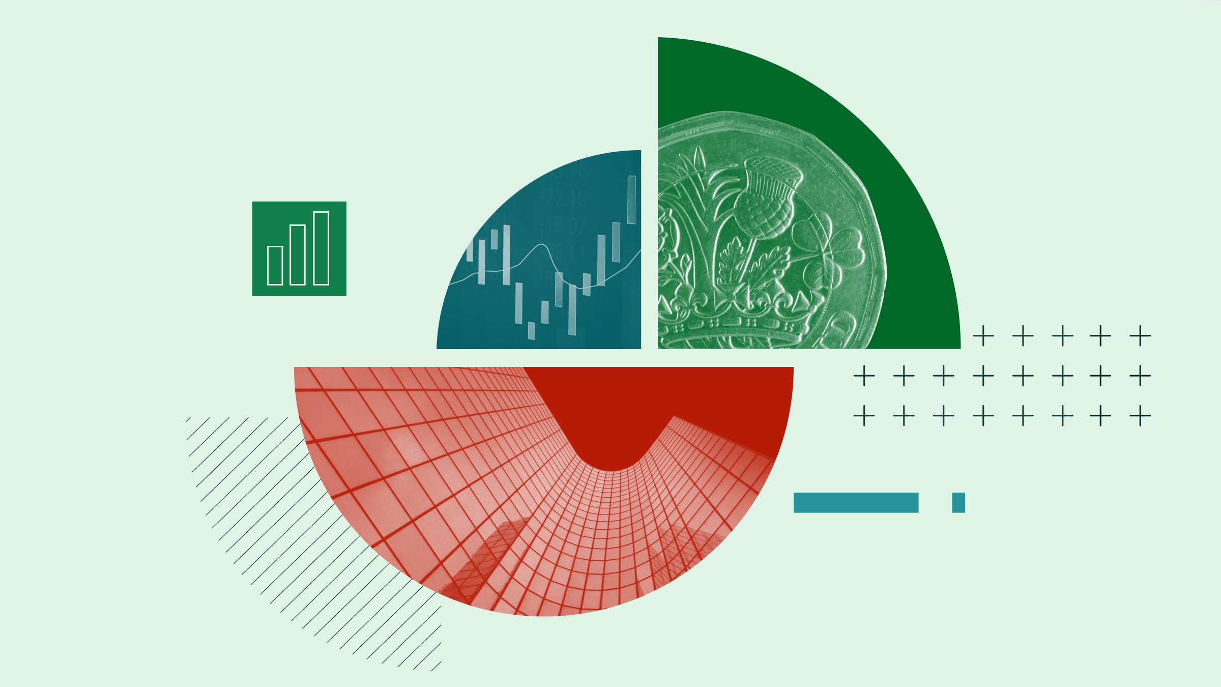 Collage illustration featuring a one-pound sterling coin, a ticker board showing a positive market trend, and an office building.