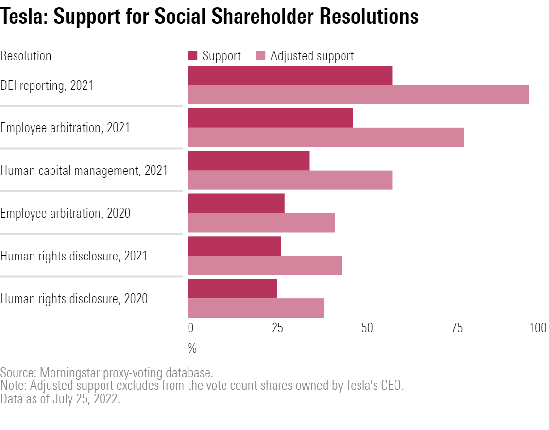 Horizontal bar chart showing the level of support for six shareholder resolutions on social issues at the 2020 and 2021 Tesla shareholder meetings.