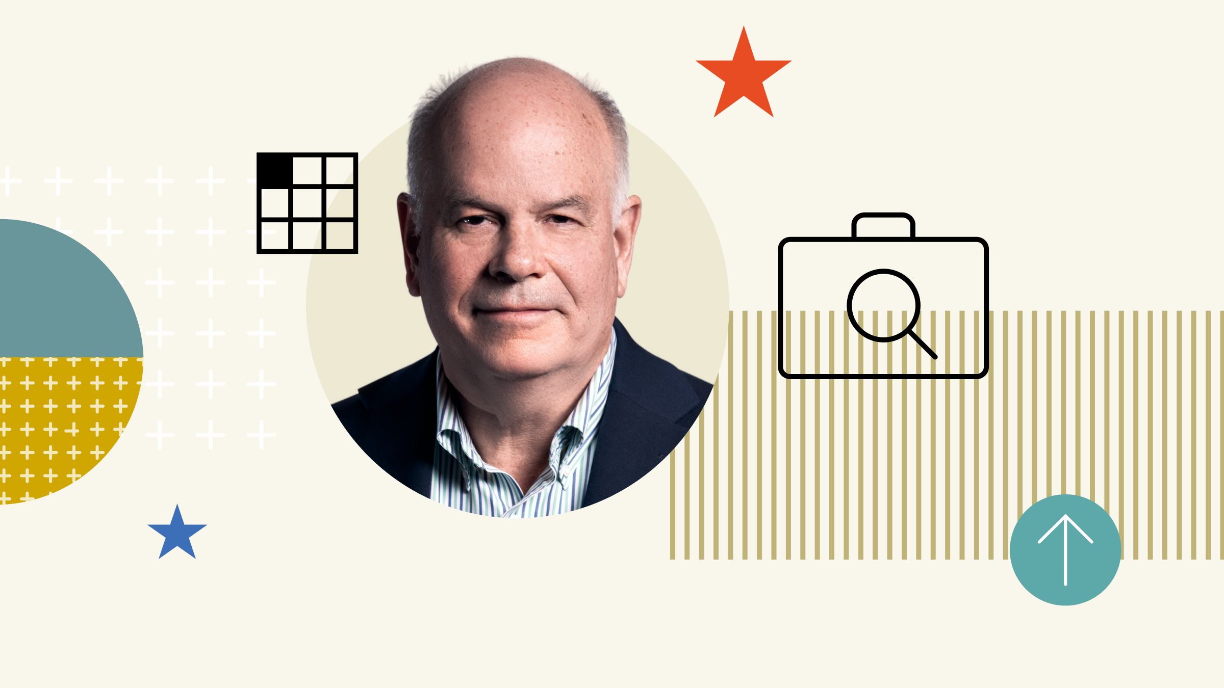 Photo collage illustration of Rekenthaler with icons and shapes