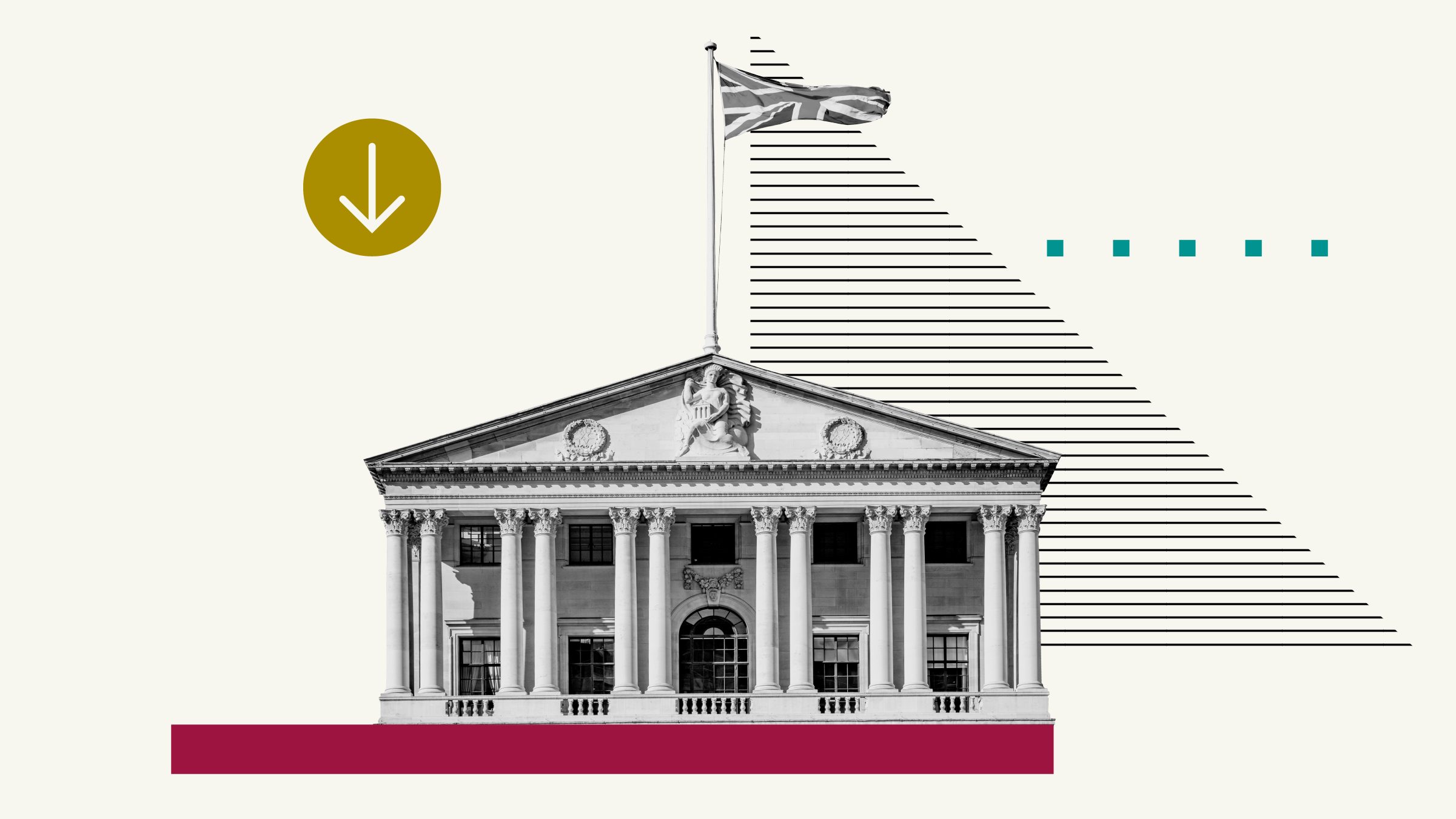 Collage illustration of the Bank of England with background shapes and icons