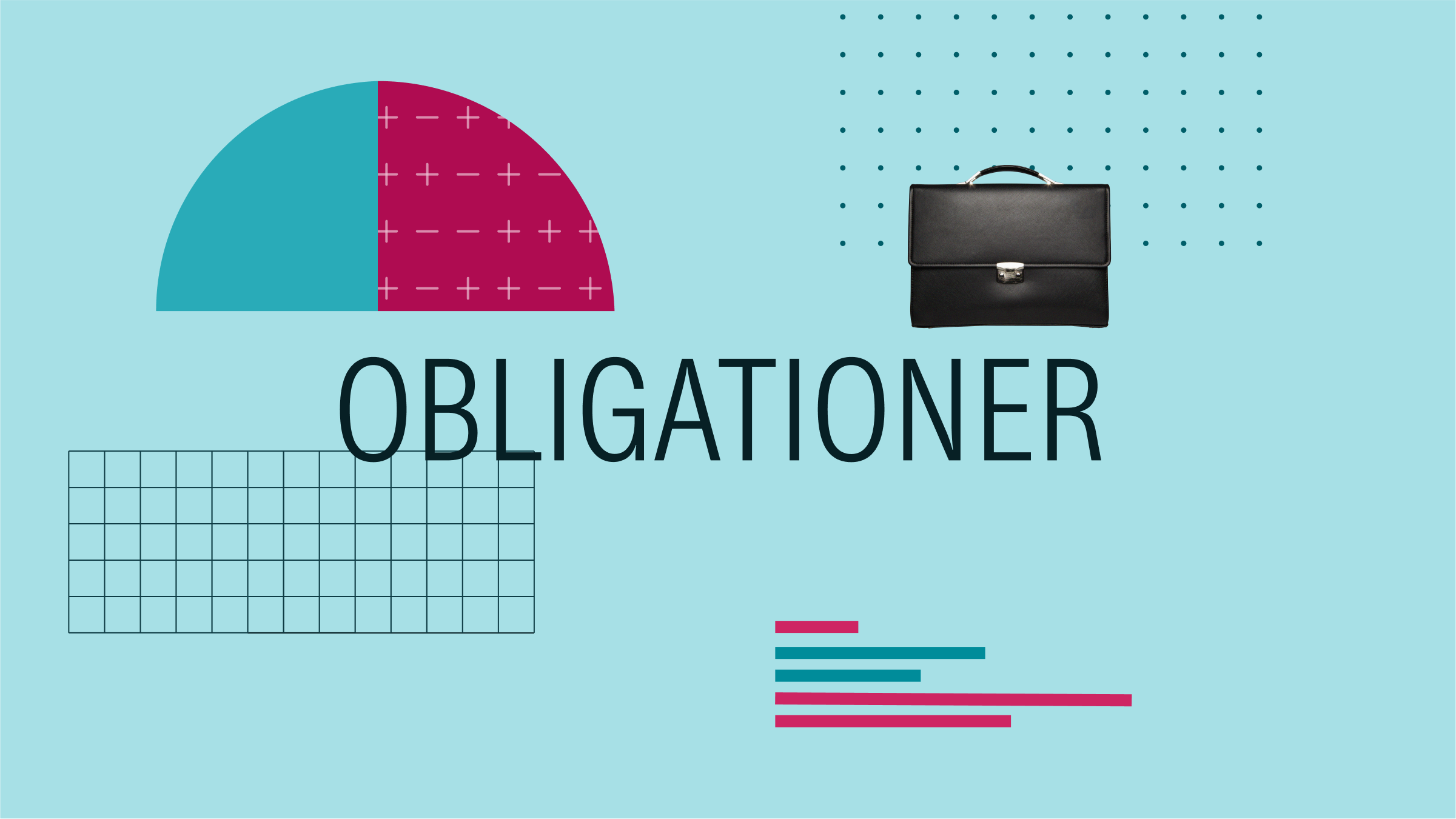 Collage illustration with the text "Obligationer" at the center and a portfolio and graphical elements in the background.