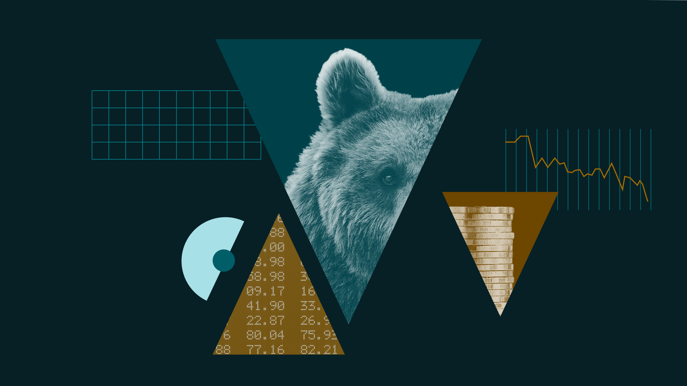 Illustrazione di triangoli rivolti verso l'alto e verso il basso contenenti immagini di un orso, un tabellone di borsa e monete, con grafica di sfondo.