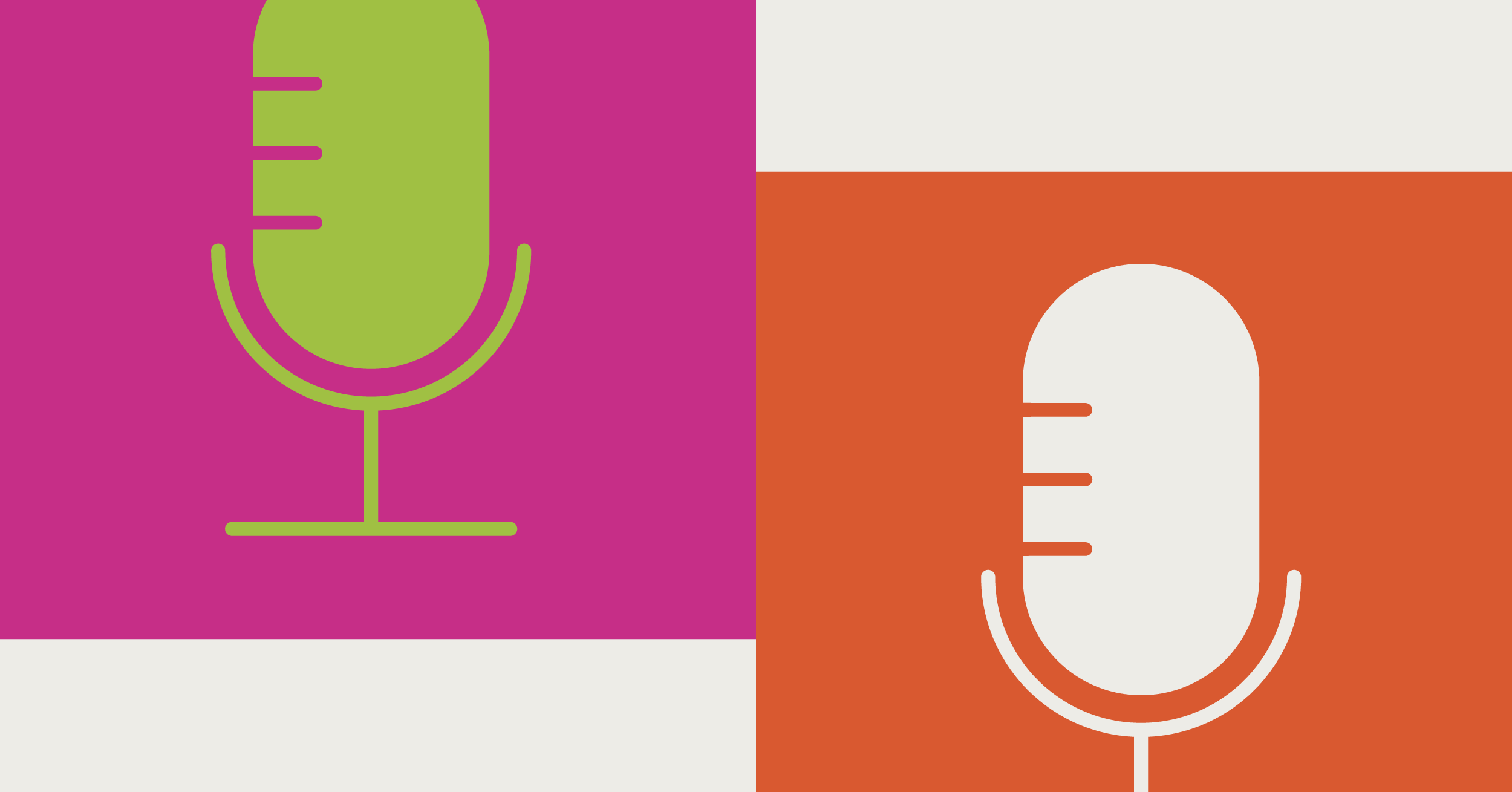 Illustration of one green microphone inside a pink box and a white microphone inside an orange box in front of a white background depicting the communications industry