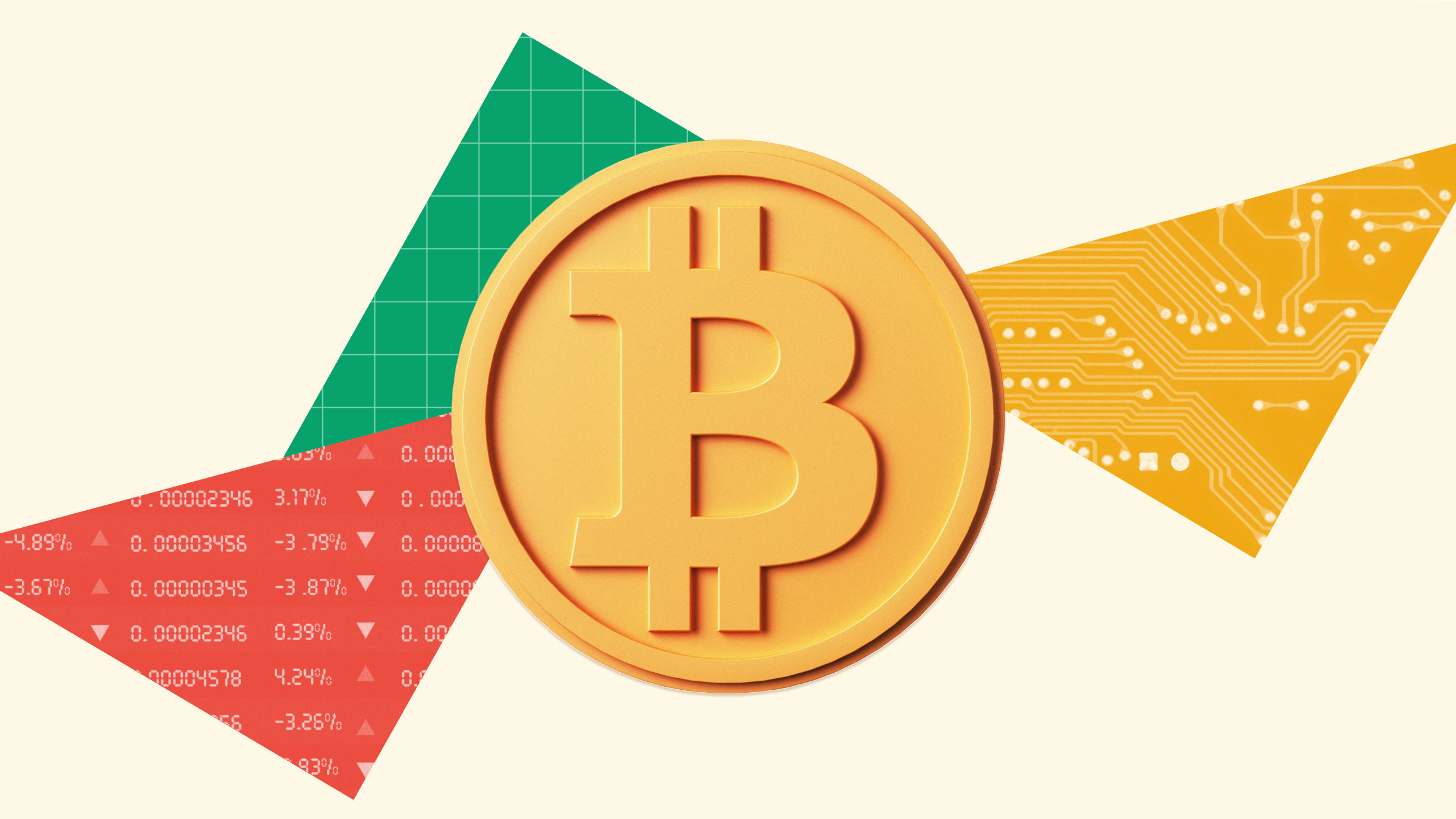 Collage illustration featuring a Bitcoin coin with upward and downward triangles in the background.