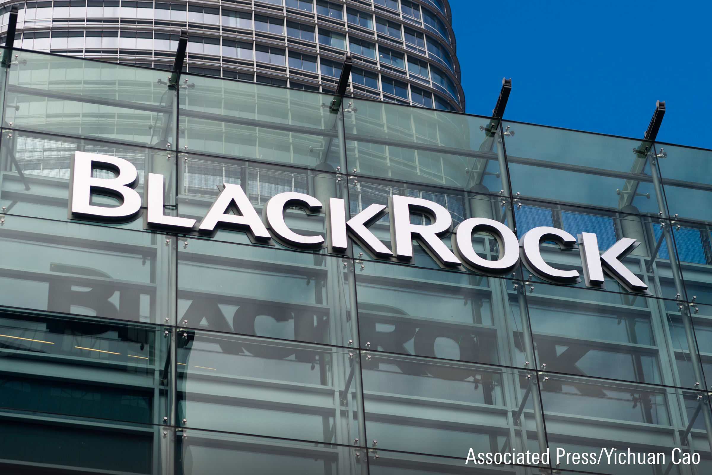 A photograph featuring the BlackRock logo seen at its office in San Francisco.