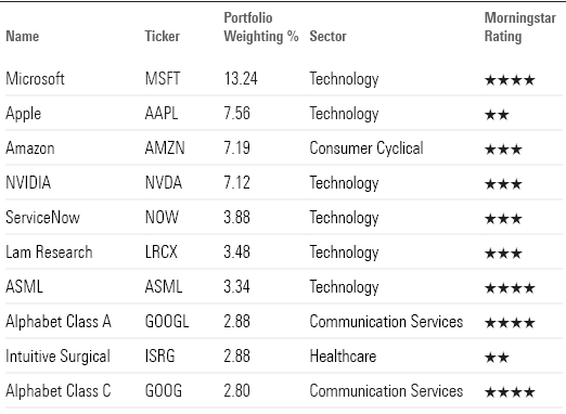 A table of Nuveen Winslow Large-Cap Growth ESG's top 10 holdings.